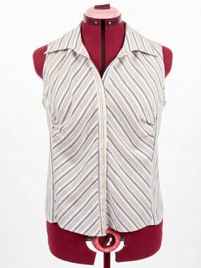LAURA PETITES - White and Navy BlouseStriped Sleeveless Button-Front Top - Large
